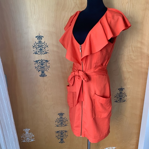 Vintage Y2K 2000s Bebe Coral Orange Ruffle Sleeve Zip-Up Mini Dress Tie Belt S/M - Picture 12 of 15